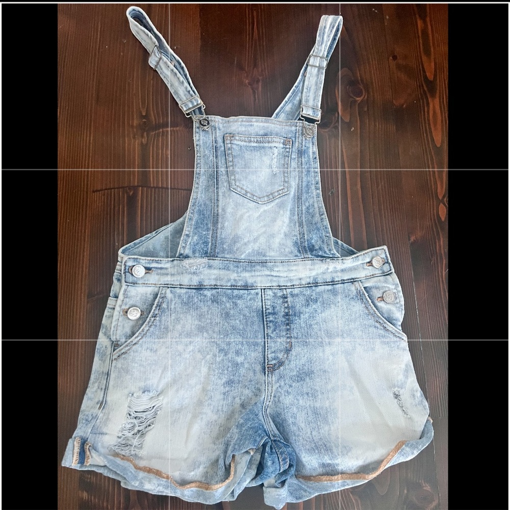 Bebe Distressed Suspender Shorts